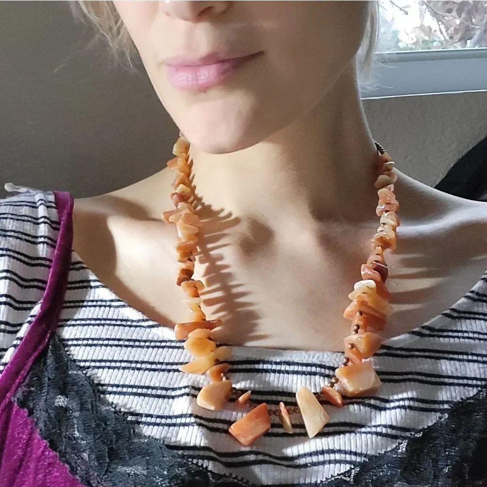 Chunky Bohemain Raw Peach Moonstone Agate Artisan Made Necklace